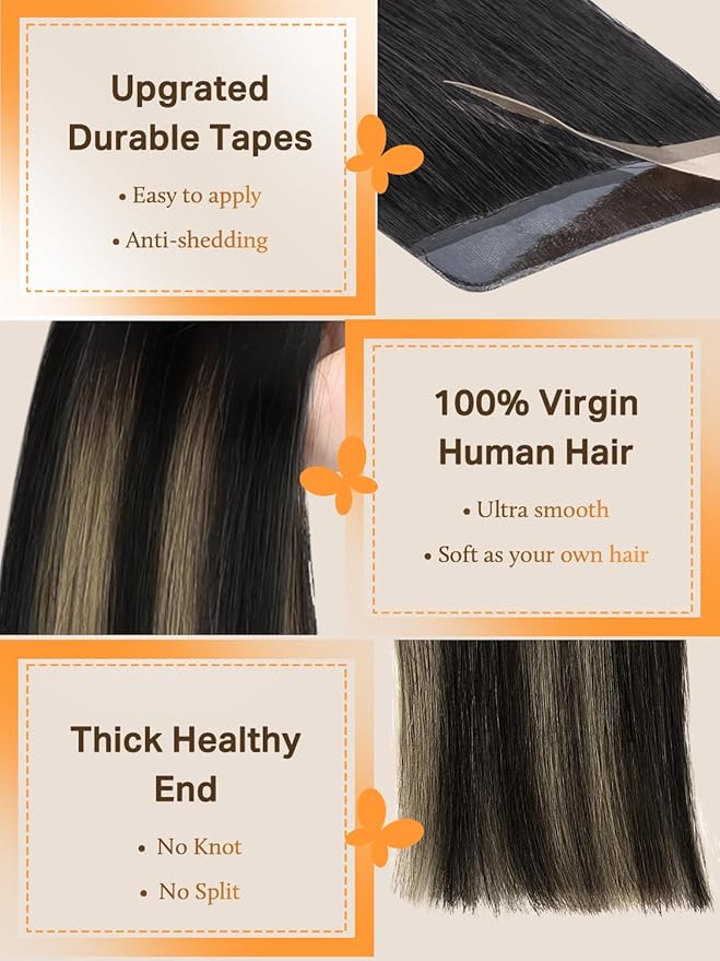 DOORES Tape in Hair Extensions Human Hair Balayage Natural Black to Light Blonde 24 Inch 10pcs 30g Human Hair Extensions Tape in Remy Natural Hair Extensions Straight