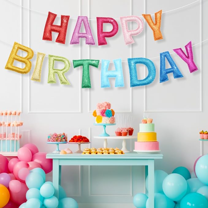Tegeme Felt Happy Birthday Banner, Pre-strung Glitter Happy Birthday Garland - Image 6