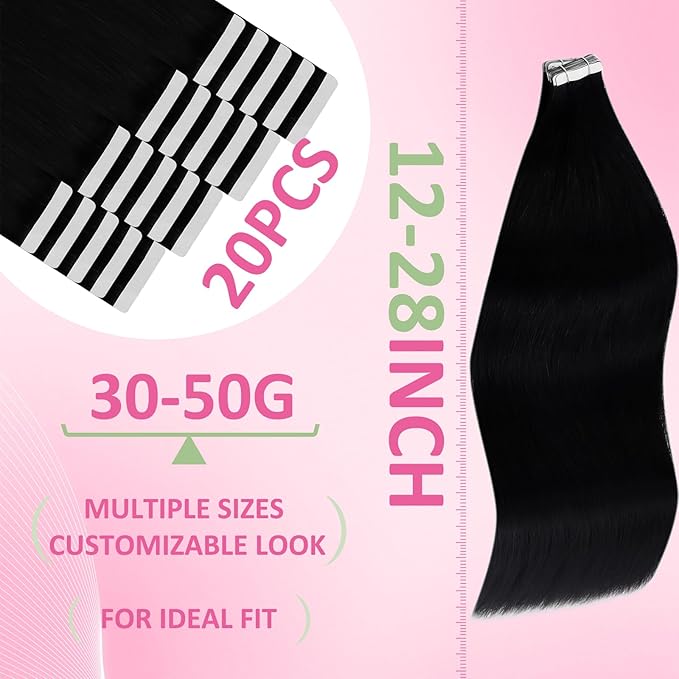 YoungSee 28 Inch Tape in Hair Extensions Human Hair Black Tape in Extensions Real Human Hair Tape-in Hair Extension Black Girl Glue in Hair Extension for Long Hair 50g 20pcs