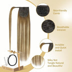 Ve Sunny Hair Extensions Ponytail Real Human Hair Wrap Around Clip in Ponytail Hair Extensions Straight Extensions Human Hair for Women Chestnut Brown Ombre Platinum Blonde Balayage 18inch 80G