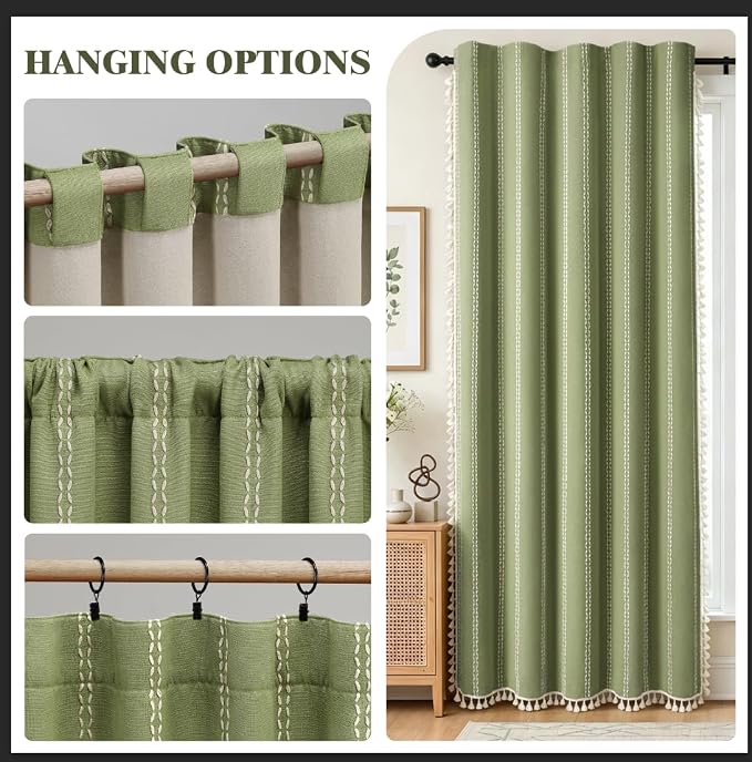 Olive Green 100% Boho Blackout Curtains 84 Inch 2 Panels | Vintage Farmhouse - Image 7
