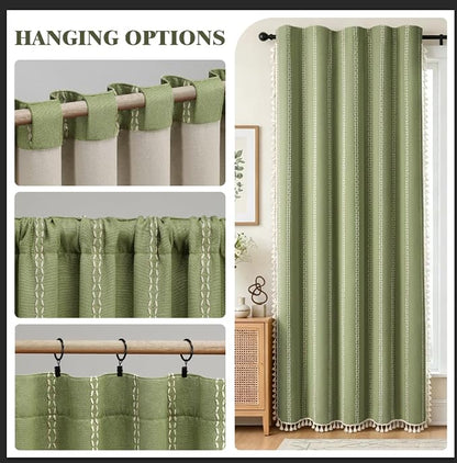 Olive Green 100% Boho Blackout Curtains 84 Inch 2 Panels | Vintage Farmhouse - Image 7
