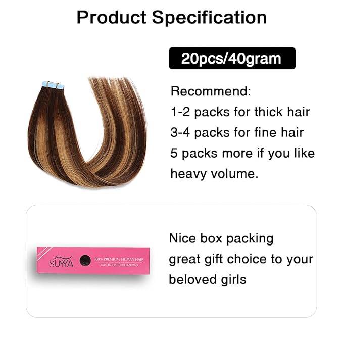 SUYYA Tape in Hair Extensions Human Hair 50g/pack 20pcs Straight Seamless Skin Weft Tape in Real Hair Extensions Ombre Balayage Chocolate Brown to Caramel Blonde(12inch #P4/27/T4)