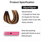 SUYYA Tape in Hair Extensions Human Hair 50g/pack 20pcs Straight Seamless Skin Weft Tape in Real Hair Extensions Ombre Balayage Chocolate Brown to Caramel Blonde(12inch #P4/27/T4)
