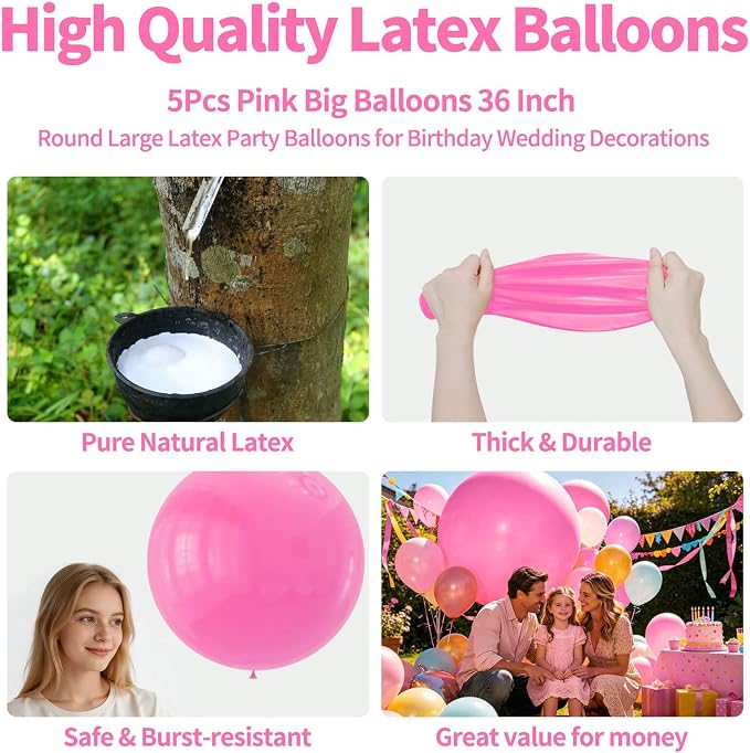 5Pcs Pink Balloons 36 Inch, Round Large Latex Party Balloons - Image 2