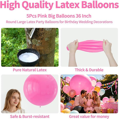 5Pcs Pink Balloons 36 Inch, Round Large Latex Party Balloons - Image 2