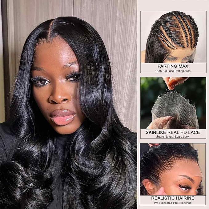WOWANGEL 13x6 HD Lace Front Wigs Human Hair Body Wave Pre Plucked SKINLIKE 0.1mm Extremely Thin Real HD Lace Front Wigs 180% Density Glueless Human Hair Wigs for Women 24 Inch