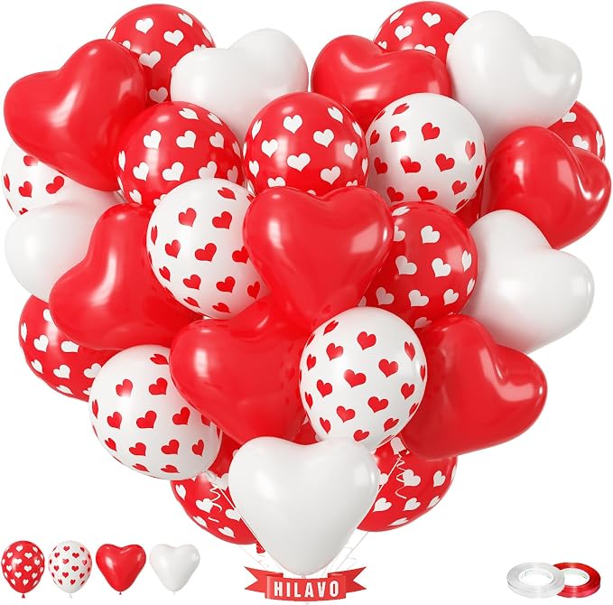 Valentines Day Balloons 60 Pack Red White Heart Shaped Balloons Set Romantic by HILAVO