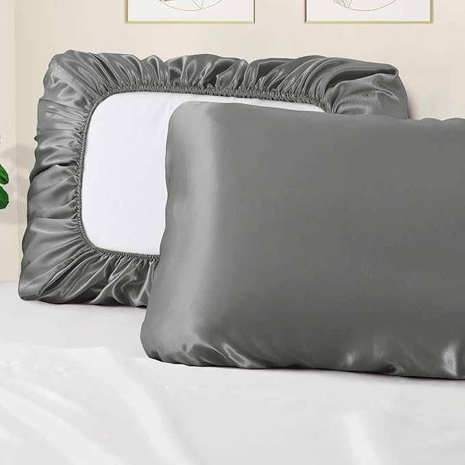 Manyshofu Satin Pillowcases for Hair Protection - 1Pcs Grey Pillow Cases, Elastic Band Standard & Queen Satin Pillowcases Luxury Silky Pillow Cases Travel Pillow Covers