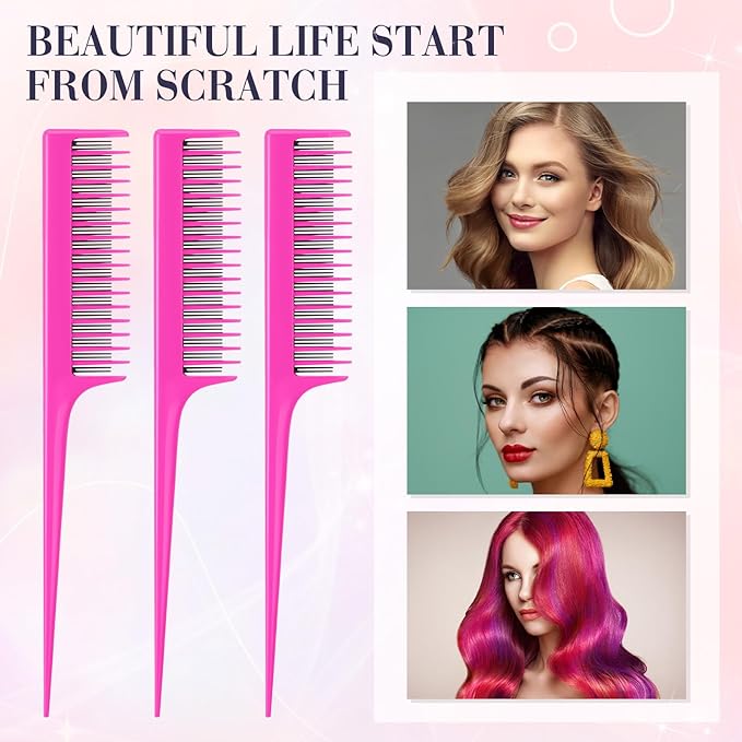 Leinuosen 3 Pcs Triple Teasing Comb for Women Plastic Rat Tail Comb Heat Resistant Pintail Tease Layer Tool for Thick Fine Hair Styling Backcombing Volume Structure(Pink)