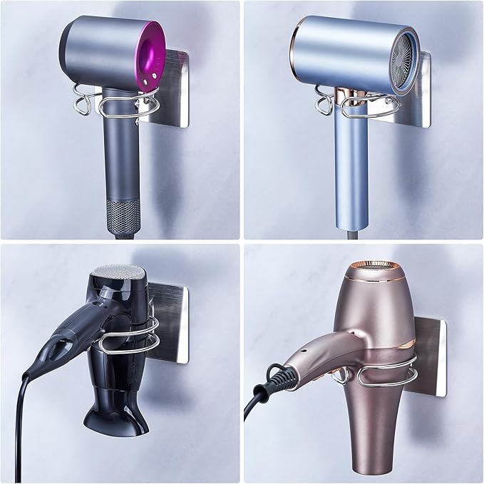 Blow Dryer Holder Wall Mounted, Hair Dryer Holder Stand for Most Hair Dryers Organizer and Storage, Self Adhesive Hairdryer Hanger Rack for Bathroom and Cabinet, Silver