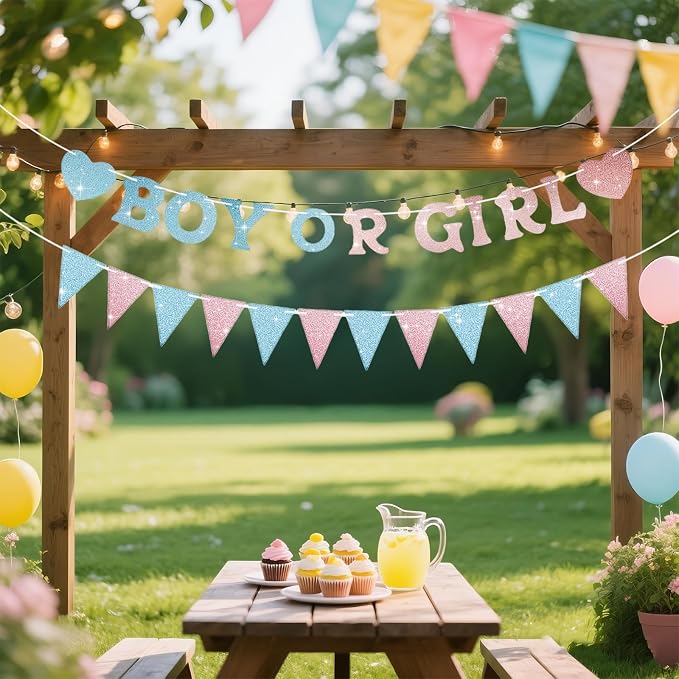 Boy or Girl Banner Gender Reveal Decorations, Pre-Strung Glitter Baby Gender - Image 4