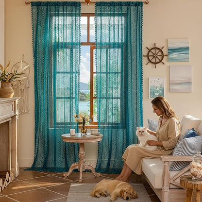 WAZZIO Boho Lace Curtains 96 Inches 2 Panel, Light Filtering Privacy Tassel & - Image 3