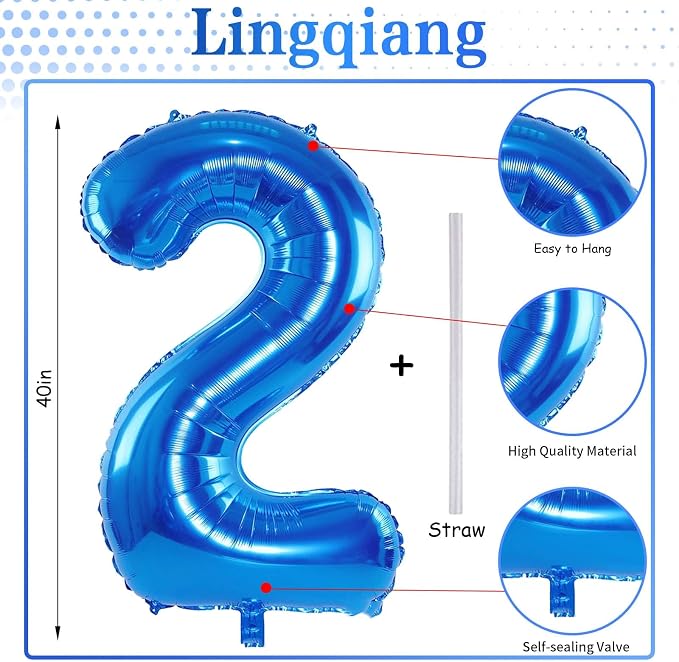 Blue 2 Balloons, 40 Inch Large Foil Number Balloons Set 0-9, Self Inflating - Image 2