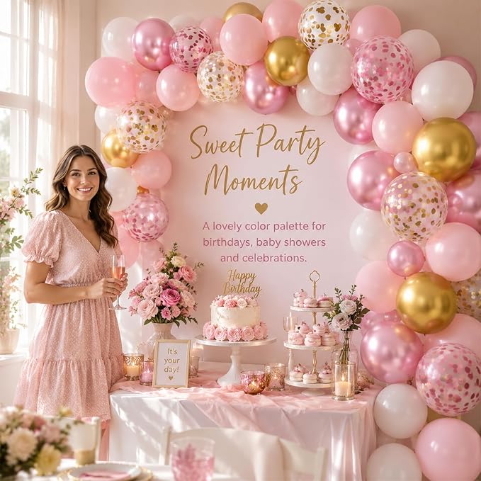 Pink and Gold Balloons, 12 Inch Pink White Metallic Chrome Gold Confetti Pink - Image 4