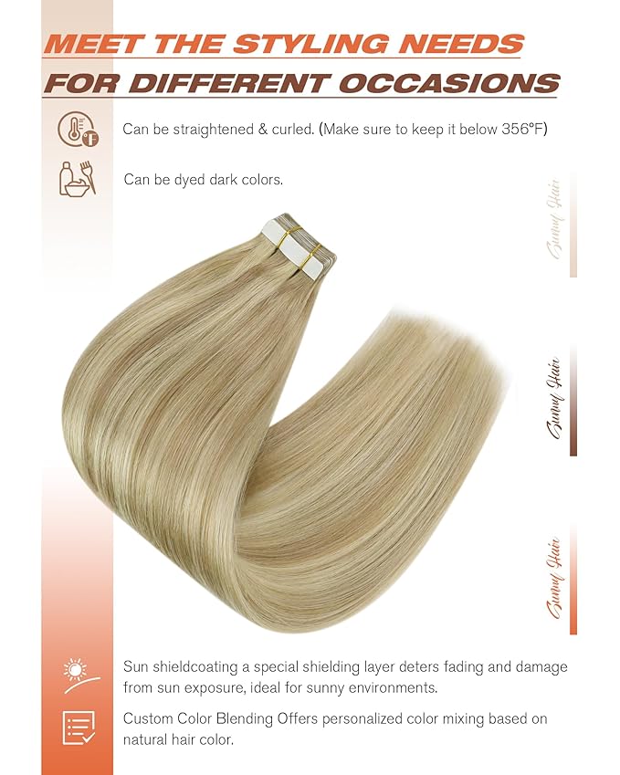 Sunny Hair Tape in Hair Extensions Real Human Hair Invisible Remy Hair Extensions Tape ins for Women Dark Blonde Highlights Light Blonde 14 inch 20Pcs 50G