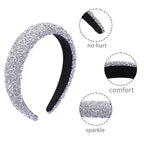 2PCS Sparkle Wide Headband for Women Rhinestone Padded Headband Black Sliver Glitter Hairbands Comfort High Elastic Head Band Bling Hair Accessories for Womens Girls Hair