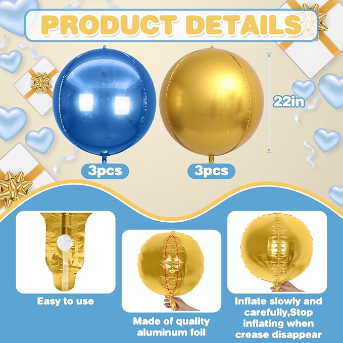 6Pcs Blue Gold Round Foil Balloons, Giant 4D Round Ball Balloon, 22 Inch - Image 2