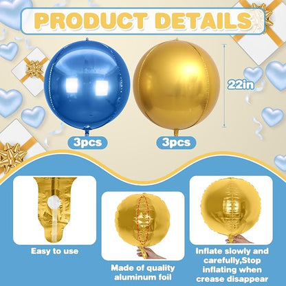 6Pcs Blue Gold Round Foil Balloons, Giant 4D Round Ball Balloon, 22 Inch - Image 2