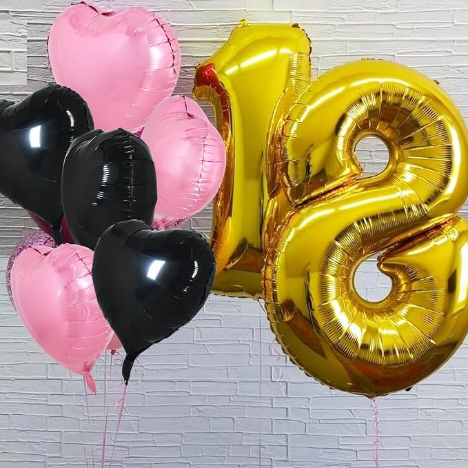 TONIFUL 30 Pcs Pink Black Heart Balloons 18 Inch Heart Shape Foil Balloon | - Image 6
