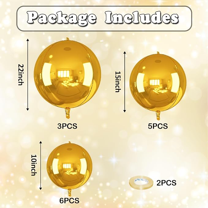 14 Pcs Gold Round Foil Balloons 22/15/10 4D Ball Balloons Metallic Golden - Image 2