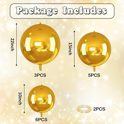14 Pcs Gold Round Foil Balloons 22/15/10 4D Ball Balloons Metallic Golden - Image 2