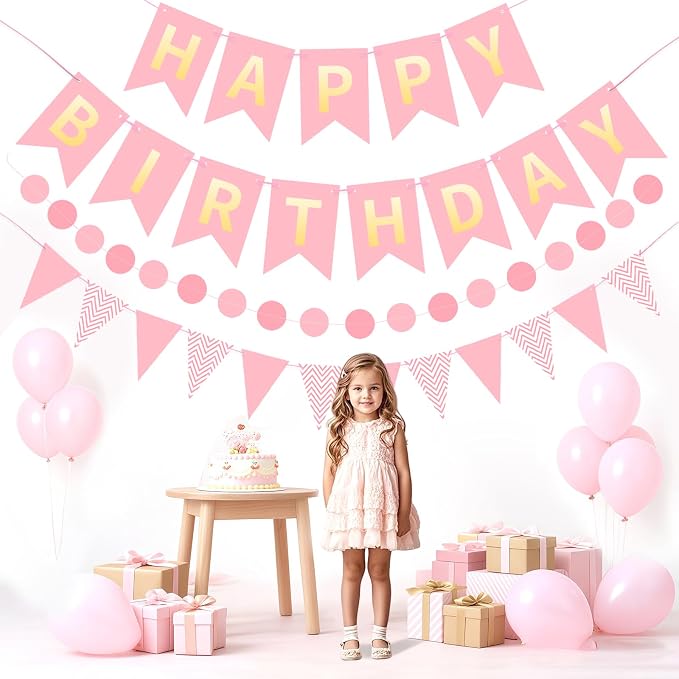Pink Gold Happy Birthday Banner, Happy Birthday Decorations Hanging Birthday - Image 3
