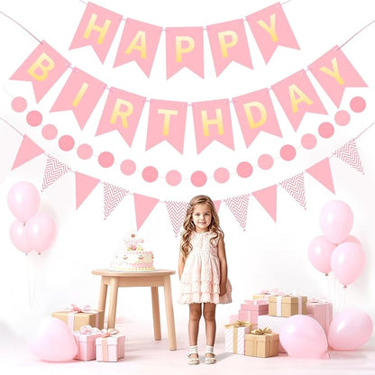 Pink Gold Happy Birthday Banner, Happy Birthday Decorations Hanging Birthday - Image 3