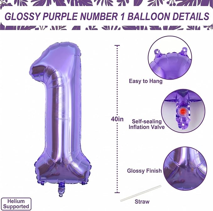Purple Number 1 Balloon 40 Inch, Large Lavender Mylar Foil Balloons, Metallic - Image 4