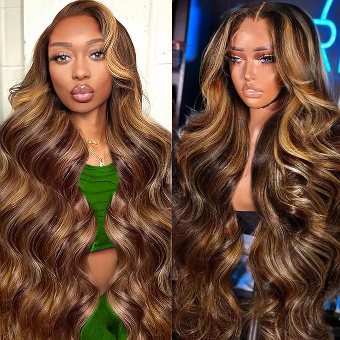 34 Inch Ombre Lace Front Wig Human Hair 180 Density 13x6 Highlight Wig Human Hair 4/27 Body Wave Lace Front Wigs Pre Plucked Glueless HD Lace Frontal Wig