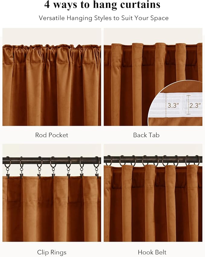 Burnt Orange Velvet Curtains Back Tab Boho Drapes, Window Back Tab Pinch Pleat - Image 2