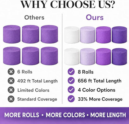 8 Purple Streamers with White, 656ft Pack of Crepe Paper Party Decorations | - Image 3
