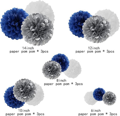 Navy-Blue White Silver Tissue Pom-Poms - Image 2