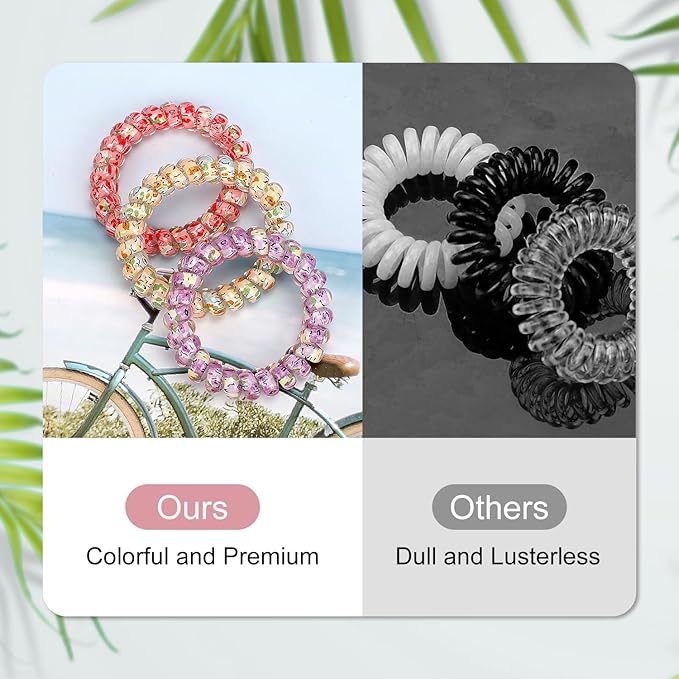 JessLab Spiral Hair Ties for Ladies, 10-Pack Elastic Cute Plastic Coil Bands, No-Damage Accessory for Women and Children with Thick or Thinning Hair, Silkscreen Floral Print