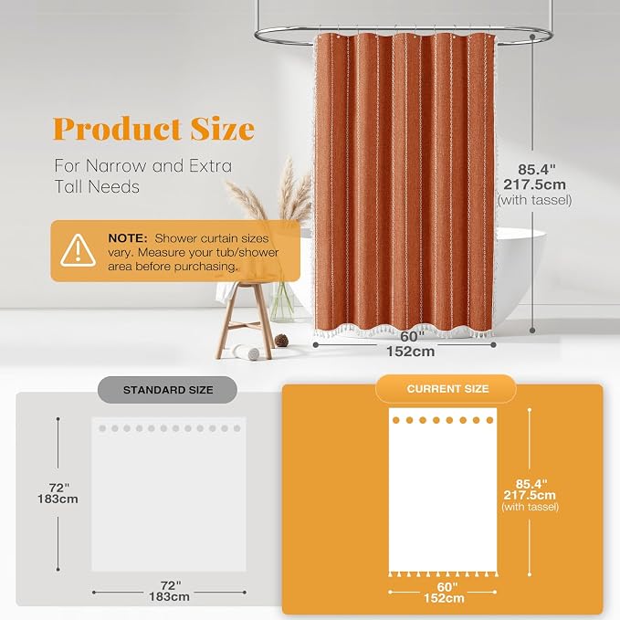 60 x 84 Boho Linen Heavy Duty Cloth Shower Curtain Set, Burnt Orange | Narrow - Image 3