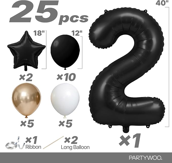 PartyWoo Number Balloons 40 Inch Black Number 2 Kit 25pcs - Image 2