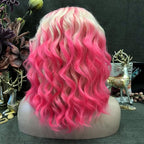 IMSTYLE Pink Blonde Lace Front Wigs Short Bob Wavy Wigs Synthetic Hair Wig Free Part with Natural Hairline Shoulder Length for Women (Blonde Pink)