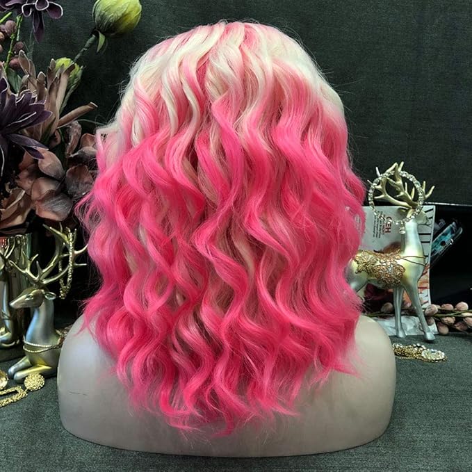 IMSTYLE Pink Blonde Lace Front Wigs Short Bob Wavy Wigs Synthetic Hair Wig Free Part with Natural Hairline Shoulder Length for Women (Blonde Pink)