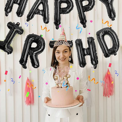 Black Happy Birthday Balloon Banner Set -16" Foil Letters Balloons | 76pcs - Image 8