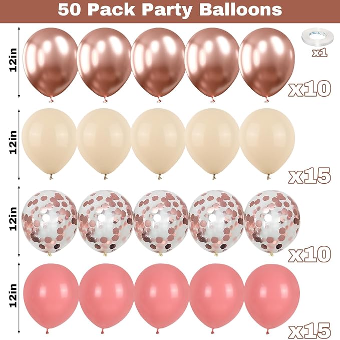 Jobkoo Dusty Blush Pink Balloons, Retro Pink Metallic Chrome Rose Gold Confetti - Image 2