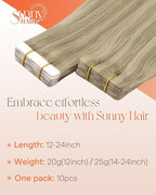 Sunny Hair Tape in Hair Extensions Real Human Hair Invisible Remy Hair Extensions Tape ins for Women Dark Honey Blonde Highlight Medium Blonde 22 inch 25G