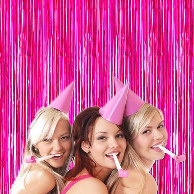 2 Pcs 3.2ft x 8.2ft Shiny Hot Pink Metallic Tinsel Foil Fringe Curtains Photo - Image 4