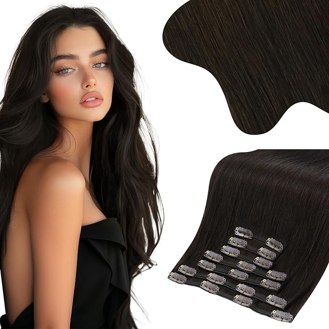 Moresoo Brown Clip in Hair Extensions Dark Brown Hair Extensions Clip ins Real Human Hair Thick 135g/7pcs Full Head 16 inch