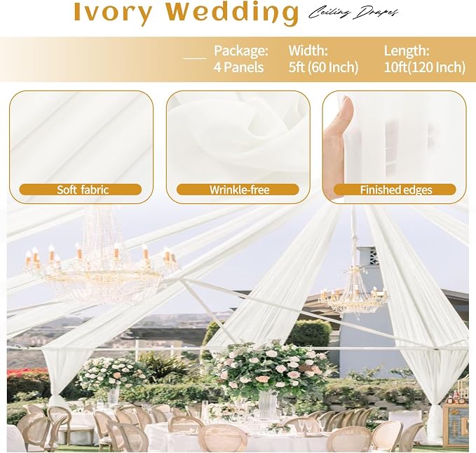 4 Panels Ivory Ceiling Drapes for Wedding 5ftx10ft Arch Draping Fabric Sheer - Image 4