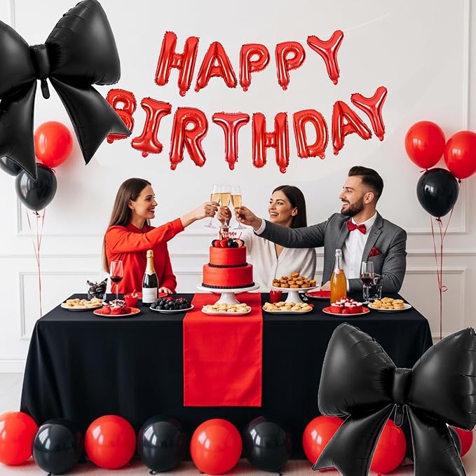 Vuzvuv Black Happy Birthday Balloons, 38 Inches Huge Red Bow Aluminum Foil - Image 4