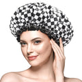 mikimini Large Shower Cap for Women Long Hair, 2 Pack,Elegant Chessboard Design,Double-layer Waterproof, Reusable, Washable, No Odor, X-Large