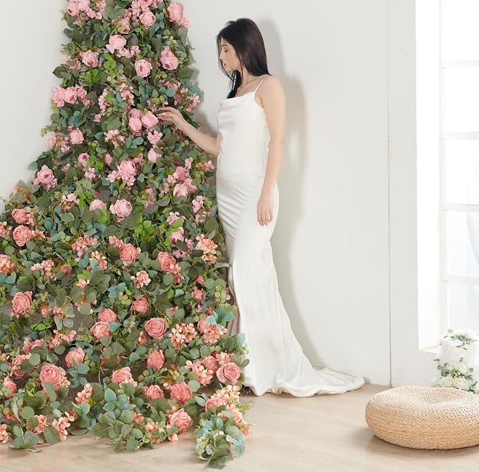 Artificial Flower Garland 2pcs 5.4ft Rose & Hydrangea Vine, Light Pink | - Image 5