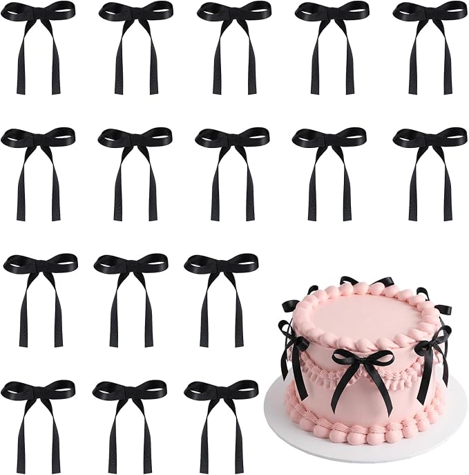 30PCS Black Ribbon Bows for Cakes Pre-Tied Bow Cake Toppers | Ready to Use Cake by NatNarr
