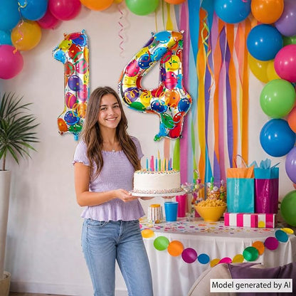 40 Inch Rainbow Balloon Number 14 Balloons, Fourteen Bday Party Decor | Giant - Image 6