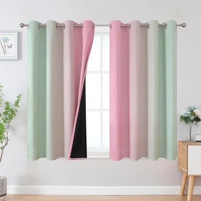 Sage and Pink Blackout Curtains 54 Inch Length, Light Blocking Gradient Grommet by ESTELARTEXTILER